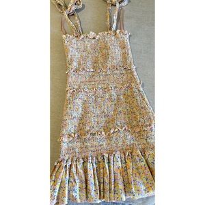 Mable Smocked Floral Ruffle Peplum Bodycon Bow Tie Tank Mini Dress Size Small